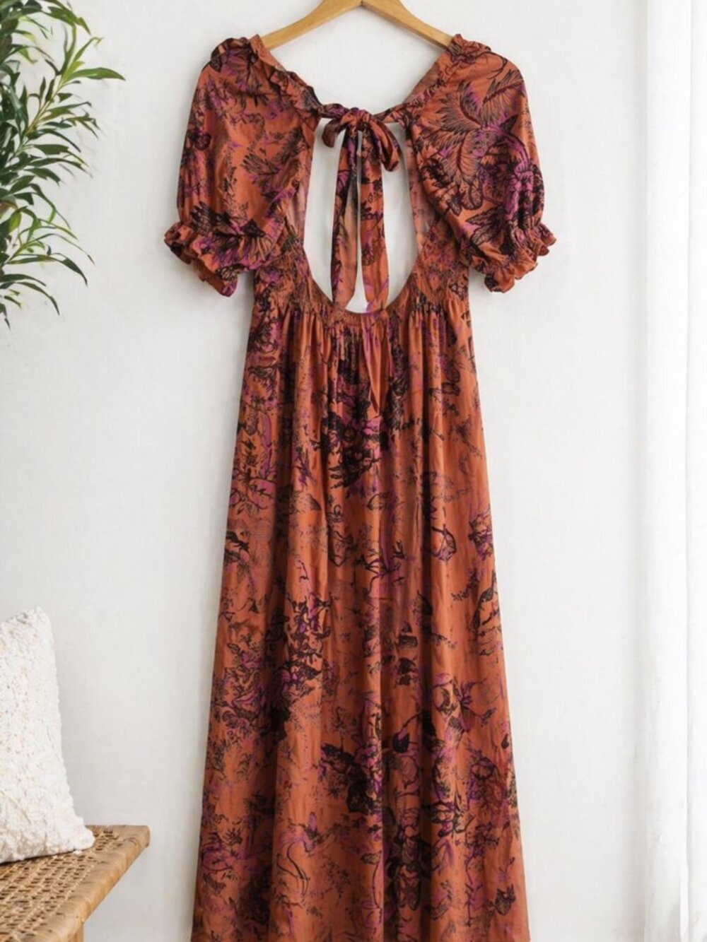 Cottagecore Prairie Floral Midi Dress Smocked Bodice Open Back Anthropologie XS - Picture 2 of 16